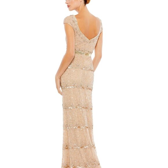 Mac Duggal 9089 Cap Sleeve Embellished Beaded Column Gown Nude Gold NWT - Picture 4 of 11